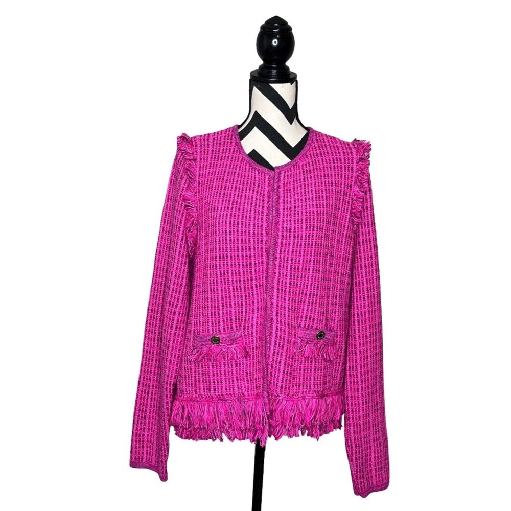 Lilly Pulitzer Simora Fringe Pink Palms Exotic Tweed Cardigan Blazer Sz XL